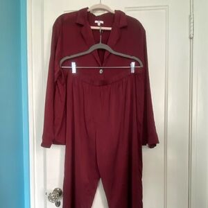 Lunya Washable Silk Long Sleeve Pant Set size XL Burgundy